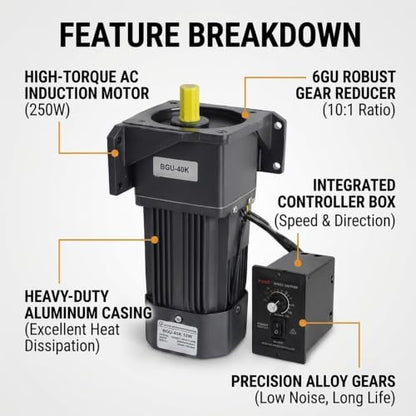 250W 110V AC Gear Motor Set with Adjustable Speed Controller + Bracket