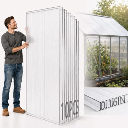 Sinimaka 10-Pack Polycarbonate Greenhouse Panels, 6 x 2 ft, 0.16 Twin-Wall Sheets, UV-Coated Translucent Roof Replacement for Greenhouses and Cold Frames - size: 6' x 2' x 0.16''