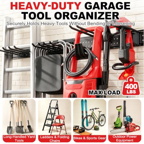 Garage Tool Organizer Wall Mount 49.5 inches with 10 Adjustable Heavy-Duty Hooks, Garage Organization, Garden Tool Storage Rack, Yard, and Shed, Holds Up to 400 lbs - size: 49.5" | 3 Panels + 10 Hooks