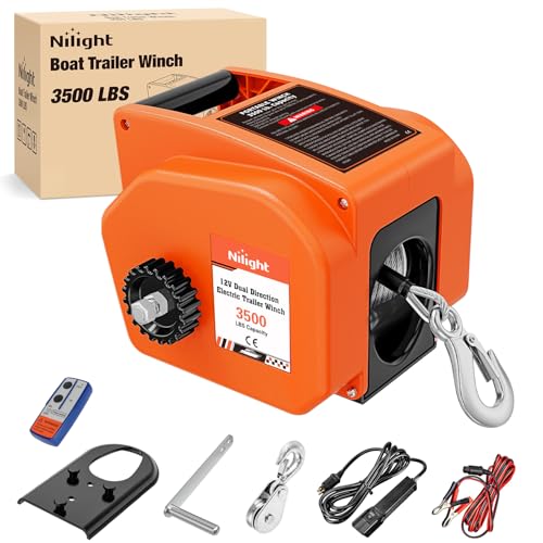 Nilight Boat Trailer Winch 3500 lbs Portable Electric Boat Winches 12 V DC Marine Winch with Steel Cable Remote Control & Hand Crank Power-In Freewheel Operat Waterproof Winch for Boat Trailer, Orange - color: Orange, size: Steel Cable