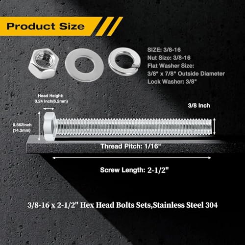 (6Set) 3/8-16x2-1/2 Complete Set Hex Head Screw Bolts,Nuts,Fender Flat washers,Split Lock Washers,Fully Threaded, Stainless Steel 18-8（304）, Bright Finish. - size: (6Set) 3/8-16x2-1/2"