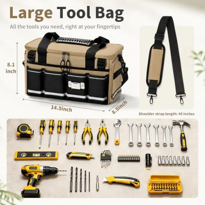 14-Inch Heavy Duty Tool Bag, 17 Pocket Tool Box Organizer - color: Khaki