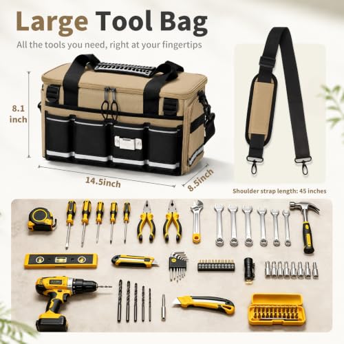 14-Inch Heavy Duty Tool Bag, 17 Pocket Tool Box Organizer - color: Khaki