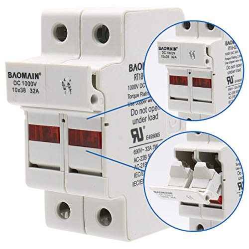 BAOMAIN 2P Solar PV DIN Rail Fuse Holder for 10x38mm,UL Recognized
