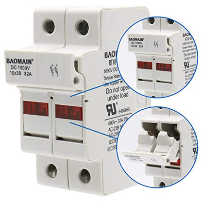 BAOMAIN 2P Solar PV DIN Rail Fuse Holder for 10x38mm,UL Recognized