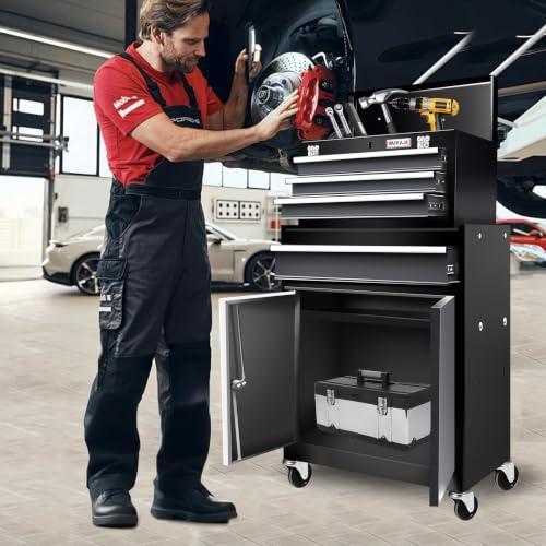 4 Drawer Rolling Tool Chest with Double Door,40"Detachable 2-in-1 Tool Box - color: Black, size: 4-drawer tool chest