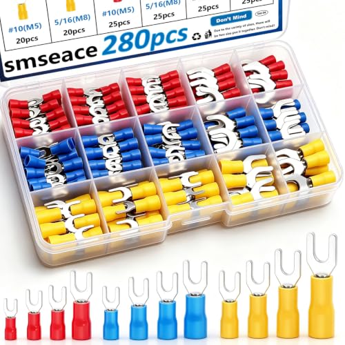 smseace 280PCS Fork Spade Wire Connectors - #8,#10,1/4,5/16 22-16/16-14/12-10AWG U-Type Electrical Crimp Terminals Tinned Red Copper Pack in Box - color: Multicolored, size: #4,#8,#10,1/4"