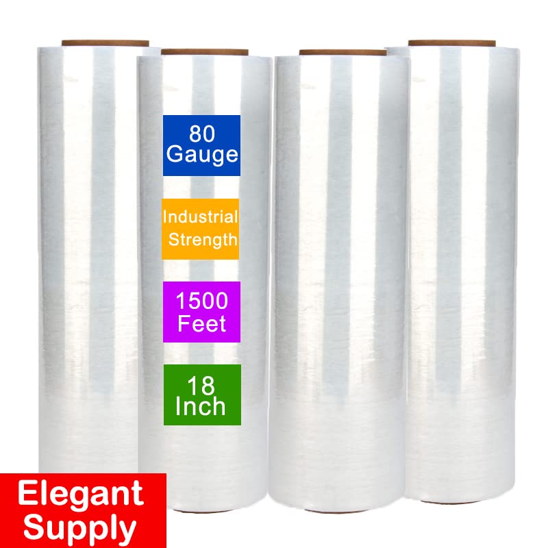 4 Roll 18" x 1500 feet Stretch Film-Wrap 80 Gauge Industrial Strength Stretch 20 Microns Durable for Moving Packing Packaging Heavy Duty Warehouse Shrink Film (Clear) - color: Clear, size: 4 PACK