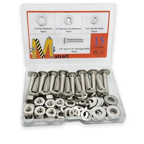 15 Sets 1/4"-20 x1-1/4 Carriage Bolts Round Head Square Neck Screws with Hex Nuts Flat Washers Spring Lock Washers 304 Stainless Steel Full Thread Coverage Square Neck Bolts Assortment Kit - size: 1/4"-20 x1-1/4"-15 Sets