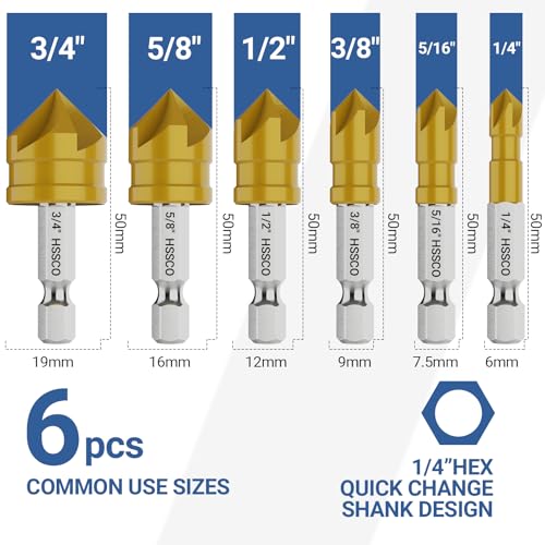 6 Pieces Countersink Drill Bit Set, M35 Cobalt HSS Countersink Drill Bits