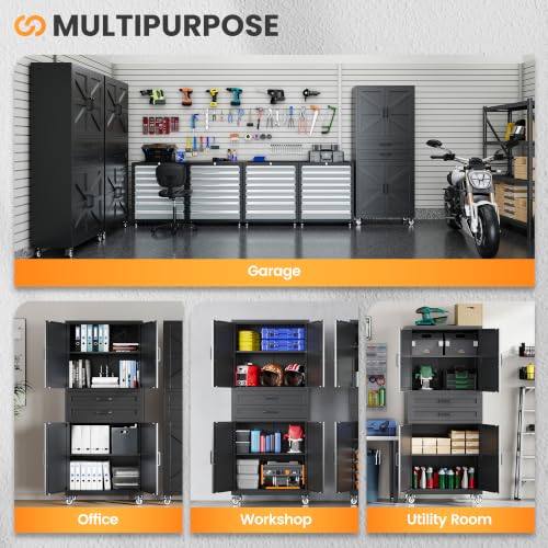 73" Tall Wheeled Garage Cabinet with 2 Drawer, Black Rolling Cabinets - color: Black, size: 73.2"H x 32"W x 16"D
