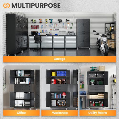 73" Tall Wheeled Garage Cabinet with 2 Drawer, Black Rolling Cabinets - color: Black, size: 73.2"H x 32"W x 16"D