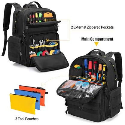 Rexmica Heavy-Duty Tool Bag Backpack for Men with 3 Tool Pouches, Black - color: Black