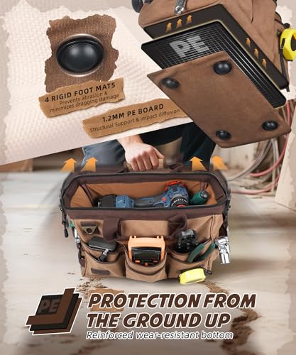 ARCFOX 14 Inch Portable Electrician Tool Bag 21 Pockets - Heavy Duty 16OZ Canvas Tool Bags Organizer with Wide Mouth & Adjustable Shoulder Strap for HVAC, Mechanics, Maintenance, UTV-Effortless Carry