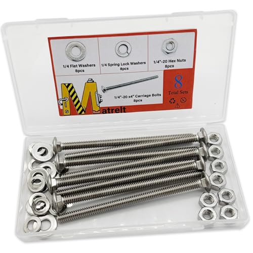 8 Sets 1/4"-20 x4 Carriage Bolts Round Head Square Neck Screws with Hex Nuts Flat Washers Spring Lock Washers 304 Stainless Steel Full Thread Coverage Square Neck Bolts Assortment Kit - size: 1/4"-20 x4"-8 Sets