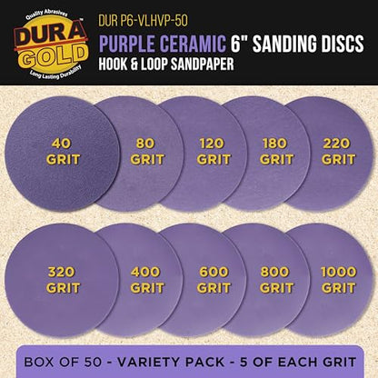 Dura-Gold 6" Purple Film Ceramic Sanding Discs, 50 Disc Variety Pack, H & L - style: Variety Pack