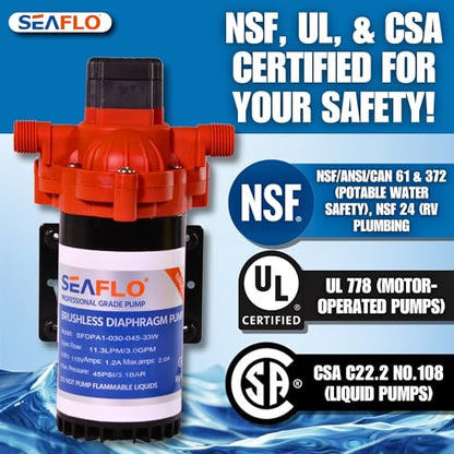 SEAFLO 33W Series 115V AC, 3.0 GPM, 45 PSI Brushless Automatic Demand Diaphragm Water Pressure Pump – Ultra Quiet Operation, Self-Priming, Overload Protection, NSF & UL Certified- 4 Year Warranty! - style: 115V - 3.0 GPM - 45 PSI