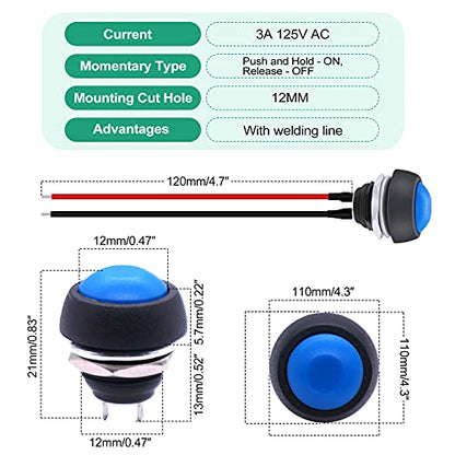 Twidec/6Pcs 12mm Momentary Push Button Switch 1/2" Mounting Hole On Off Mini Round Waterproof Blue with Pre-soldered Wires PBS-33B-BU-X - color: Blue-12mm, size: Momentary