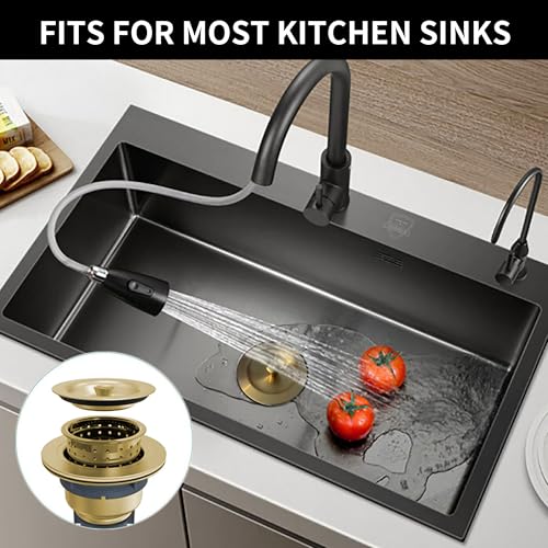 Sink Strainer Kitchen Sink Drain Assembly Kit 3-1/2 Inch with Kitchen Sink Drain Basket,304 Stainless Steel Sink Stopper & Cover Lid，Stainless Steel Gold Color - color: Gold Color