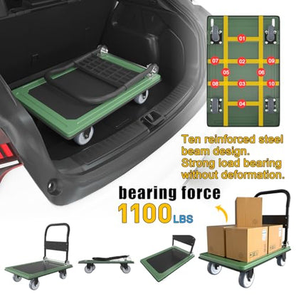 WUD Push Cart, Folding Mobile Platform Trolley,Thickened and Reinforced, 360° Swivel Wheels,35.4 “L x 23.6 ”W, 1100 lb. Green Dolly cart with Wheels