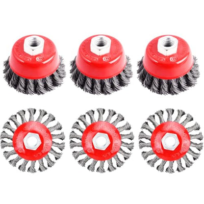 6 Pack Wire Wheel Brush for 4 1/2 Angle Grinder - 4 & 3 Inch Knotted Coarse Crimped Wire Wheels & Cup Brush with 5/8-11UNC Threaded Arbor - style: 6 PACK Wire Wheel&Cup Set