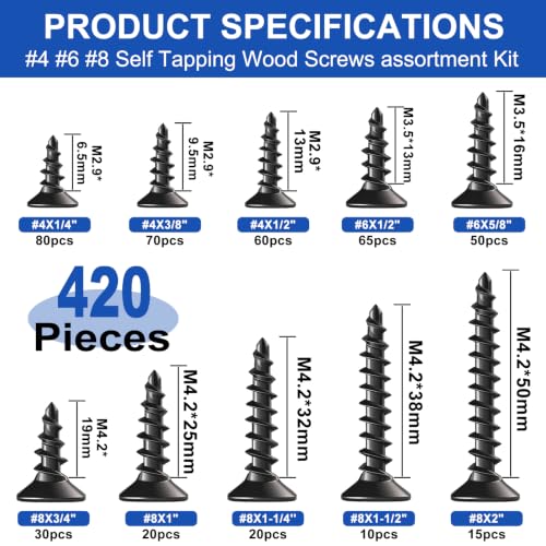 Taiss 420PCS #8#6#4 Wood Screws,Flat Head Phillips Black Wood Screws Assortment Kit,10 Sizes Self-Tapping Screw Electrophoresis Black(1/4",3/8",1/2",5/8",3/4",1",1/2",1-1/4",1-1/2",2") - size: 420PCS