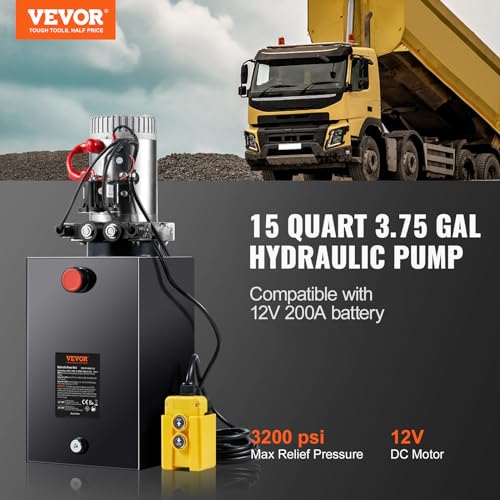 Vevor 12V/DC Hydraulic Pump 15 Quart/ 3.9 Gallon Double Acting Metal Reservoir Hydraulic Pump Unit Remotely Controlled for Dump Trailer: Industrial & Scientific - size: 15 Quart, style: Double Acting