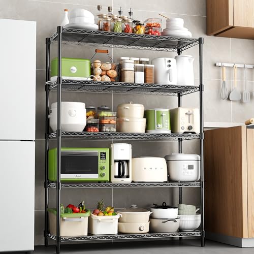 48" W Garage Shelving 1875LBS Heavy Duty Wire Shelving Unit, Metal 5-Tier Adjustable Steel Storage Rack with Liners, Storage Tote Rack, 48" W x 18" D x 72" H for Garage Commercial, Black - color: Black, size: 48" W x 18" D x 72" H-5 Tier