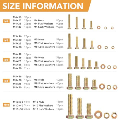 VIGRUE 1045PCS Grade 8.8 Metric Bolts and Nuts Assortment, M4 M5 M6 M8 M10 Bolt Assortment, Heavy Duty Zinc Plated, Length from 12mm - 30mm - size: 1045PCS M4 M5 M6 M8 M10 Bolts