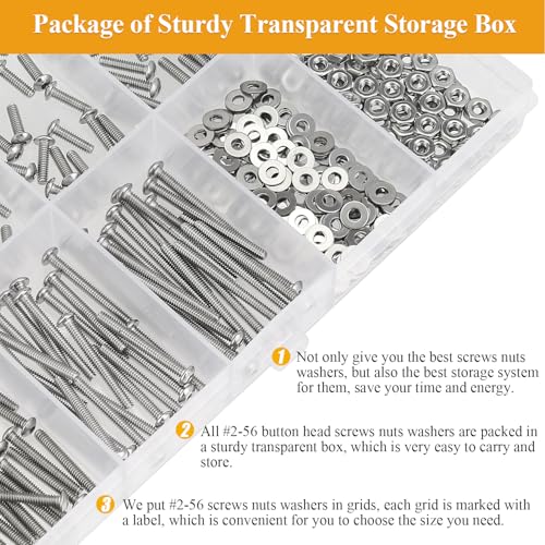 254 Pieces #2-56 x 3/16", 1/4", 5/16", 3/8", 1/2", 5/8", 3/4", 1", Button Head Socket Cap Screws Nuts Washers Assortment Kit - size: #2-56, style: Button Head Socket Cap