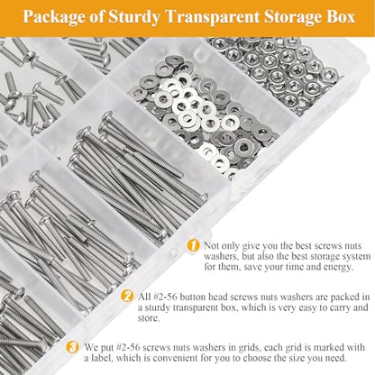 254 Pieces #2-56 x 3/16", 1/4", 5/16", 3/8", 1/2", 5/8", 3/4", 1", Button Head Socket Cap Screws Nuts Washers Assortment Kit - size: #2-56, style: Button Head Socket Cap