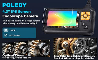 Endoscope Camera with Light, POLEDY 1080P HD Borescope, 8 Adjustable LED Light mit 4.3" IPS Screen Inspection, IP67 Waterproof 16.4ft Snake Camera, Semi-Rigid Cable Inspection - style: Single Lens 4.3"