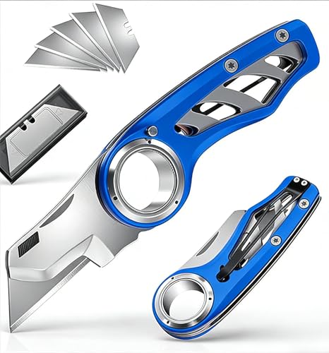 Folding Utility Knife Pocket Knife, Heavy-Duty Box Cutter with Anti Slip Finger Loop, Quick Change Blade Razor Knife, Box Cutters for Home, Office, Warehouse, Durable Razor Knife, Box Knife (Blue) - color: Blue