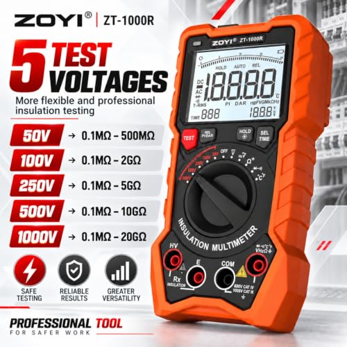 ZOYI ZT-1000R 2 in 1 Megohmmeter Multimeter, 50V/100V/250V/500V/1000V 5 Gear with DAR&PI, Insulation Resistance up to 20GΩ, 19999 Counts Auto Range T-RMS, V,Ω,C,FREQ,Temp, Diode,Continuity Tester