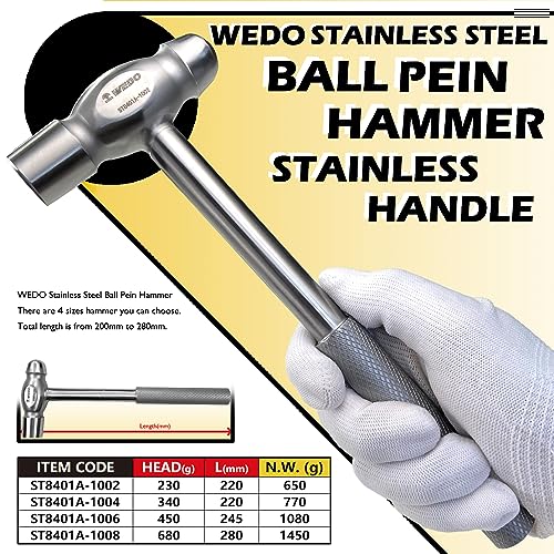WEDO Stainless Ball Pein Hammer with Stainless Steel Handle, Corrosion Resistant, Rust Proof, Durable, Environmental friendly, 340g, 280mm, 11" - size: 340g