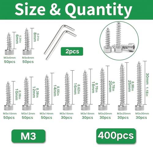 M3 Socket Head Cap Self Tapping Screw Silver Grade 8.8 Carbon Steel Metric 400Pcs M3x6/8/10/12/14/16/18/20/25/30mm Socket Allen Head Self Drilling Fasteners Hex Drive Wood Screws - size: M3