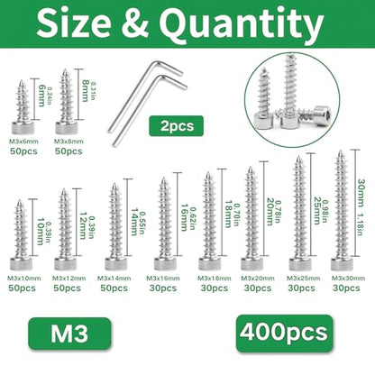 M3 Socket Head Cap Self Tapping Screw Silver Grade 8.8 Carbon Steel Metric 400Pcs M3x6/8/10/12/14/16/18/20/25/30mm Socket Allen Head Self Drilling Fasteners Hex Drive Wood Screws - size: M3