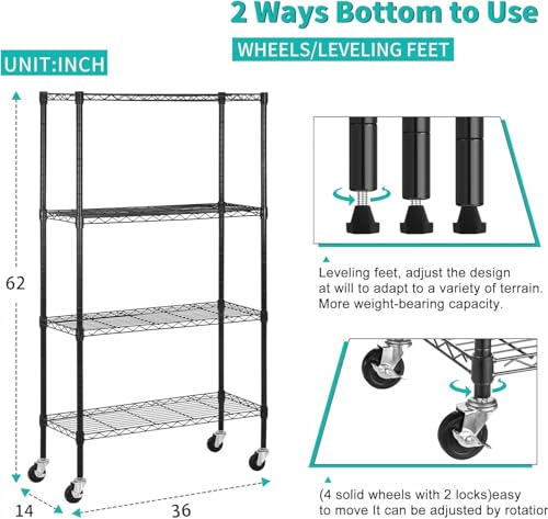 Meet perfect 4-Tier Wire Shelving Unit with Wheels, 36x14x62 in, Black - color: Black, size: 4-Tier, 62"H × 36"W × 14"D