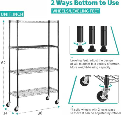 Meet perfect 4-Tier Wire Shelving Unit with Wheels, 36x14x62 in, Black - color: Black, size: 4-Tier, 62"H × 36"W × 14"D