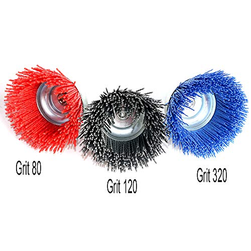 FPPO 3Pcs 3 Inch Assorted Cup Brushes Abrasive Wire Nylon Cup Brush for Drill,Grit 80 120 320 with 1/4" Shank,Rotary Brushes for Machines - style: mix3pcs