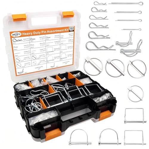260PCS Heavy Duty Hitch Pins Assortment - Lynch, PTO & Cotter Pins for Trailers, Tractors, Trucks, Farm & Lawn Equipment, Snow Plows - Rust-Resistant Zinc Plated Steel with Double-Sided Toolbox