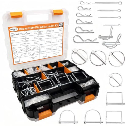260PCS Heavy Duty Hitch Pins Assortment - Lynch, PTO & Cotter Pins for Trailers, Tractors, Trucks, Farm & Lawn Equipment, Snow Plows - Rust-Resistant Zinc Plated Steel with Double-Sided Toolbox