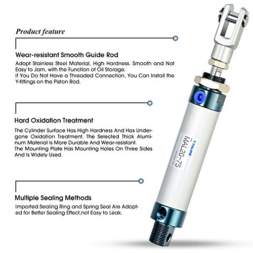 TAILONZ PNEUMATIC 20mm Bore 75mm Stroke Air Cylinder Double Action with Y Connector and 2Pcs 6mm Fitting MAL20x75 - size: 20mm Bore 75mm Stroke