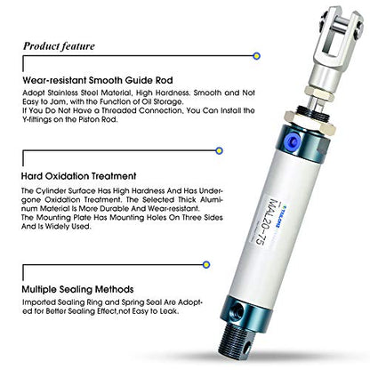 TAILONZ PNEUMATIC 20mm Bore 75mm Stroke Air Cylinder Double Action with Y Connector and 2Pcs 6mm Fitting MAL20x75 - size: 20mm Bore 75mm Stroke