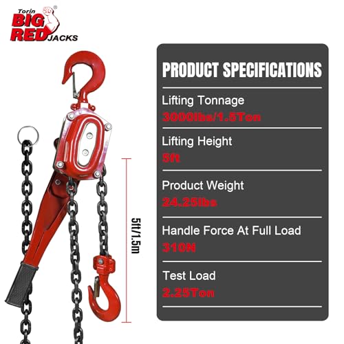 Big RED Manual Lever Chain Hoist,1-1/2 Ton 3000 lbs Capacity Come Along,G80 Grade Steel with Double-Pawl Brake,2 Heavy Duty 360° Rotation Hooks for Garage Factory Warehouse Ports Automotive Machinery - size: 1.5 Ton (3000 lbs)