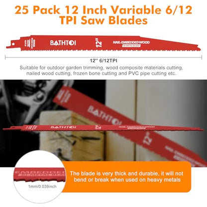 25 Pack 12 Inch 6/12 Tpi Reciprocating Saw Blades for Nail-Embedded Wood - size: 12 Inch 6/12TPI