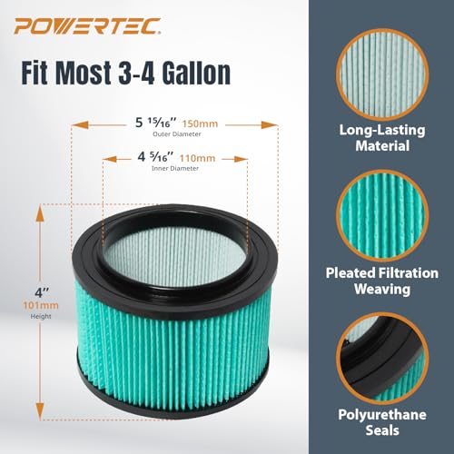 POWERTEC 16950 HEPA Cartridge Filter for Craftsman 3-4 Gal. Wet/Dry Vacuums, 17810 Shop Vac Filters Replacement for 9-17810 and CMXEVBE17612, 4 Pack (75090-P2)