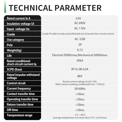 63Amp AC110V Automatic/Manual Transfer Switch 3P 50/60Hz, 3POLE 63A Mini ATS Solar Auto Dual Power Switch for Home, Din Rail Mounted Cn Automatic Changeover Fast Transfe for Rv, Lv Power