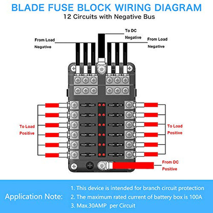 12 Way 12V Fuse Box 12Volt Blade Fuse Block, 12 Circuit W/Negative Bus Waterproof Fuse Box with LED Indicator for 12V/24V Automotive Golf Cart Truck Car Boat Marine RV Van Vehicle - style: 12 Way