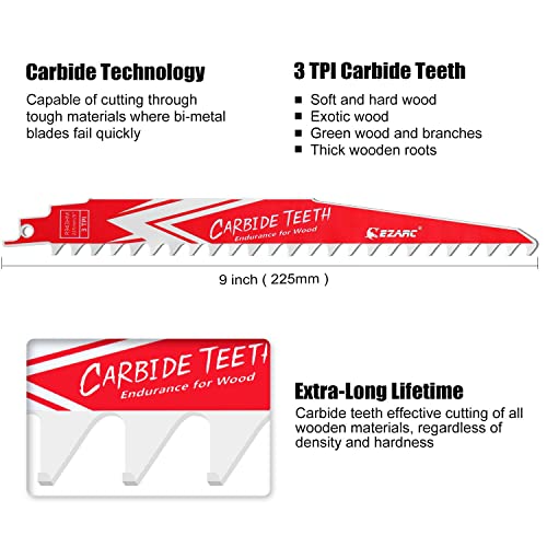 EZARC Carbide Reciprocating Saw Blades, 9-Inch 3TPI for Hard Wood, 3-Pack - size: 9 Inch, style: 3 TPI